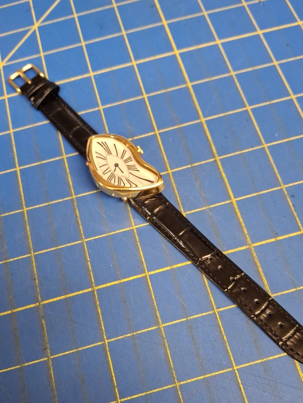 "melting" Face Watch Blue Hand NWT - Black Pleather Band